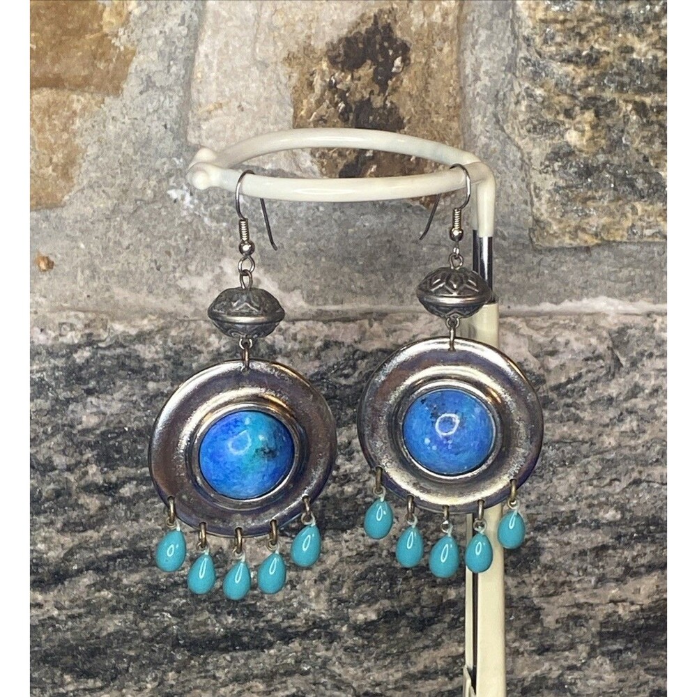 Stunning VTG Southwestern Style Silver-Tone Blue and Turquoise Dangle Earrings